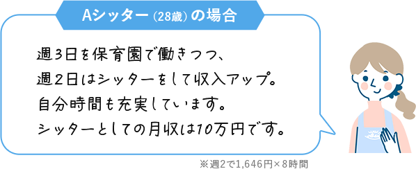 週3日を保育園で働きつつ、週2日はシッターをして収入アップ。自分時間も充実しています。シッターとしての月収は10万円です